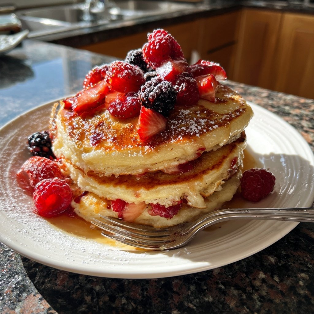 Fluffy Strawberry Pancakes with Syrup