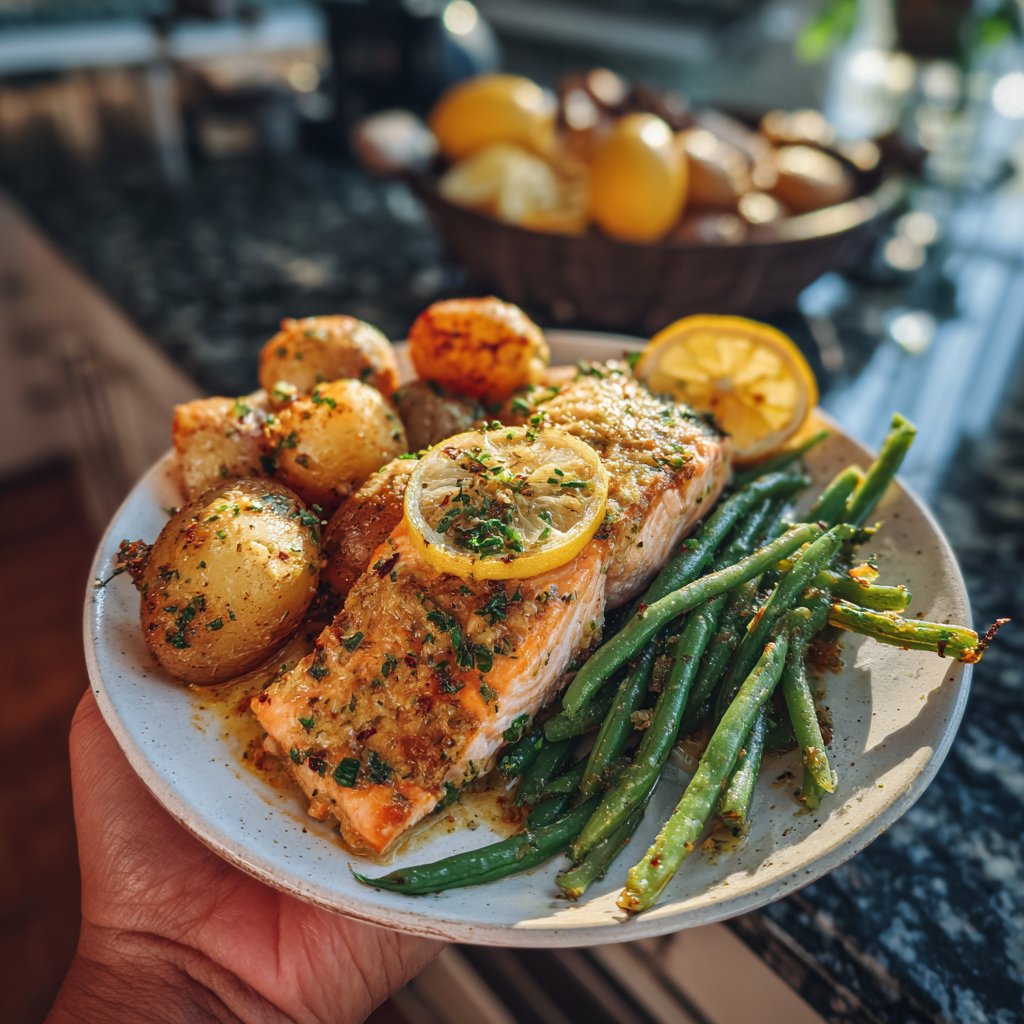 Lemon Butter Salmon with Crispy Potatoes and Green Beans