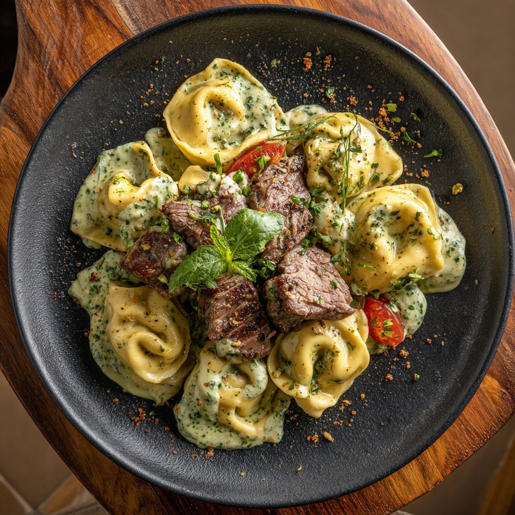 Garlic Steak Tortellini with Pesto Cream